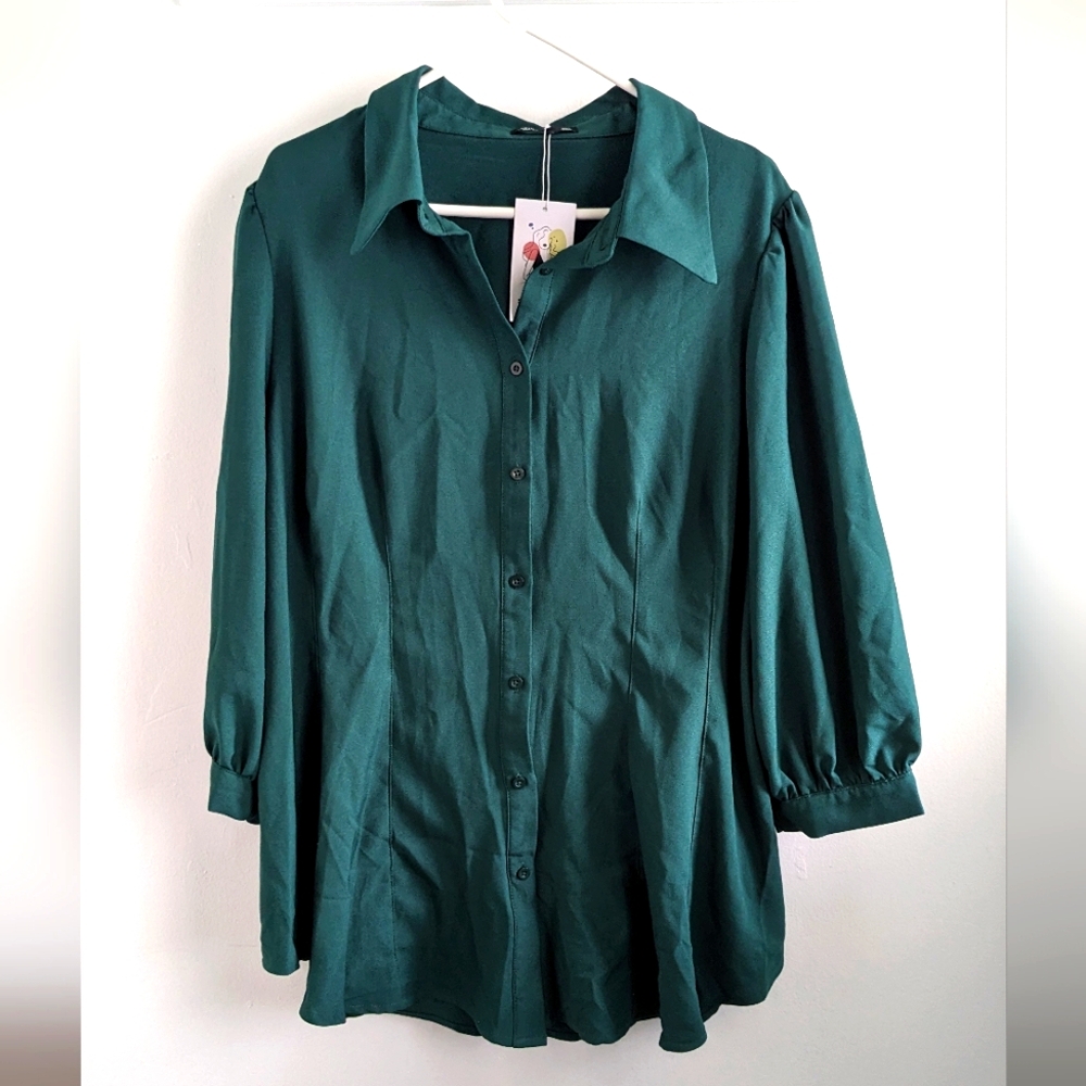 Shein Modely Curve 4XL Teal Green 3/4 Sleeve Button Up Shirt with Collar